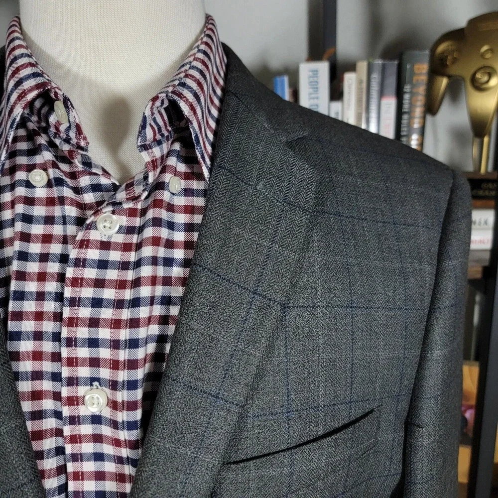 Pronto Uomo Platinum Men's Sport Coat Two Button Gray Plaid Herringbone Size 42R